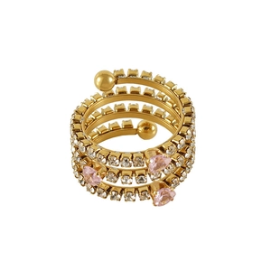 Multi-layer gold-plated stainless steel ring with pink heart zircons on white background