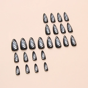 Black almond press-on nails with silver leaf vine patterns, set of 24 stylish false nails