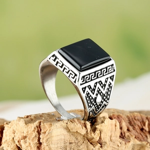 Vintage stainless steel signet ring for men featuring a square black gem and Greek key motifs