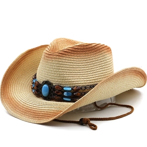 British style gradient straw cowboy hat with bohemian turquoise bead band and chin strap