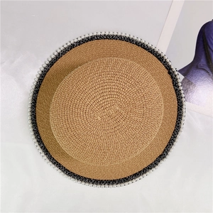 French vintage straw flat top sun hat with delicate pearl trim and lace detail