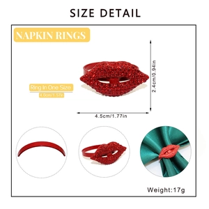 Size detail and dimensions of red rhinestone lip napkin ring for party tables