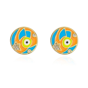 Detailed macro view of gold-plated evil eye stud earrings with colorful enamel and crystals