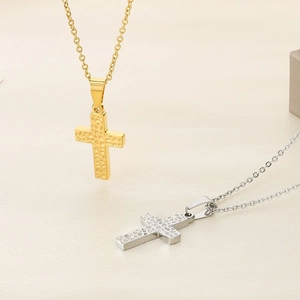 Minimalist hammered cross pendant necklace in gold and silver finish stainless steel