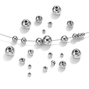 Polished 304 stainless steel spacer beads in various sizes on white background