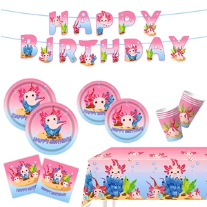 Axolotl birthday party set with banners, plates, cups, napkins and tablecloth decor