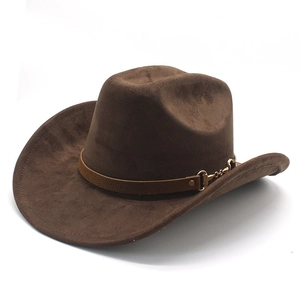 Dark brown retro cowboy hat with wool felt texture and decorative metal chain band