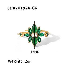18K gold plated stainless steel ring with green marquise zircon in starburst setting