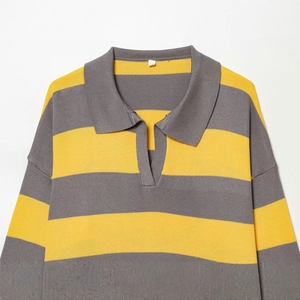 Relaxed polo neck knit sweater featuring classic yellow and gray wide horizontal stripes