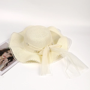 Elegant wide-brim straw sun hat with pearls and lace trim for women beach vacation