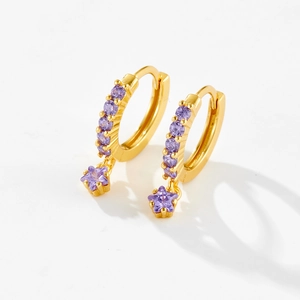 Gold hoop earrings with purple star charms and shimmering zircon stones for women