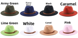 Variety of wool fedora hats in eight different colors with leather belts and metal buckles