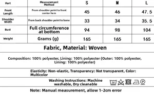 Size chart for the vintage floral sleeveless vest with detailed garment measurements