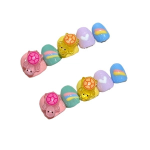 Handmade 3D cartoon turtle press-on nails for kids in pastel macarons colors