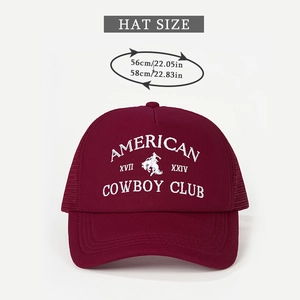 Detail of burgundy trucker hat with white American Cowboy Club embroidery on front