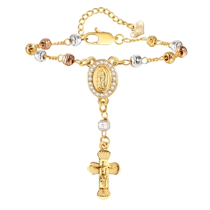 Bracelet chapelet en cuivre tricolore avec médaille Vierge Marie et pendentif crucifix