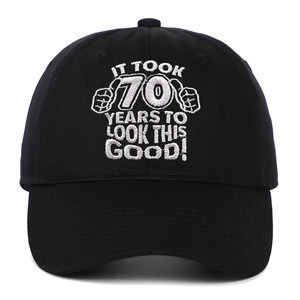 Black cotton baseball cap with white 70th birthday embroidery for men and women