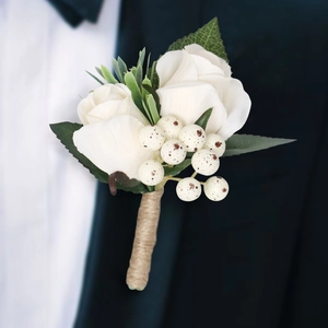 Handcrafted Wedding Boutonniere Ivory Artificial Rose With Speckled Berry And Twine Wrapped Stem For Groom Rustic