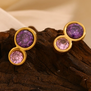 Chic 18K gold plated stainless steel figure-8 stud earrings with purple and pink stones