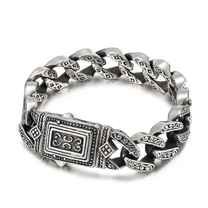 Men Retro Punk 316L Stainless Steel Bracelet With Carved Vine Geometric Pattern Rectangular Clasp Heavy Chain