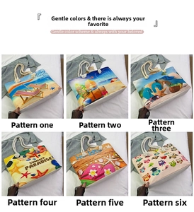 Collage of six canvas beach bags with nautical prints and white cotton rope handles