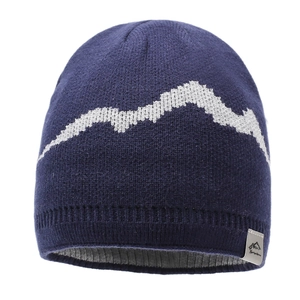 Dark blue winter knit beanie with white mountain pattern and woven label on white background