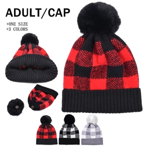 Bonnet En Tricot À Carreaux Avec Pompon Amovible Hiver Chaud Buffalo Plaid Revers Côtelé Couvre-Chef À La Mode Pour Femmes