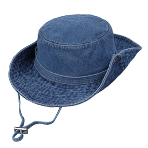 Blue denim outdoor sun hat with wide brim, chin strap and side snap buttons for women