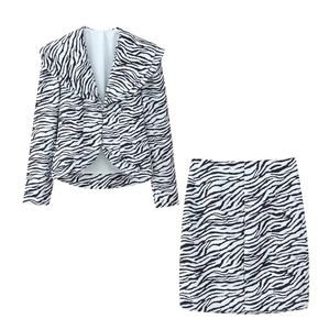 Women's zebra print blazer and mini skirt set with lapel collar on white background