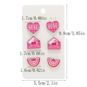 Detailed dimensions of three-pair wooden heart and envelope stud earring set for Valentine