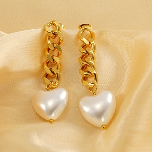 18K gold plated chain earrings with heart-shaped pearl drop on champagne satin background