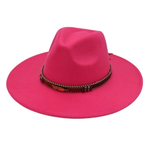 Close-up of fuchsia wool felt fedora featuring woven band and golden feather charms