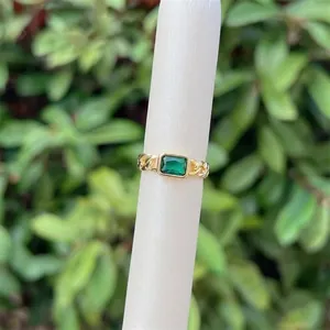 18K gold-plated cuban chain ring featuring a rectangular green zircon stone