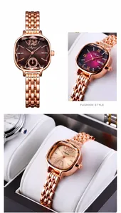 Détails de montres à quartz carrées de luxe avec bracelets à maillons or rose et cadrans