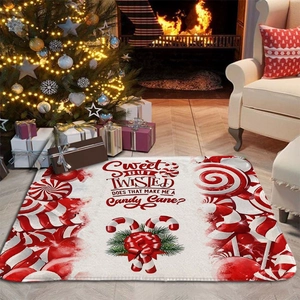 Close-up of festive flannel Christmas mat with candy cane pattern and witty holiday phrase