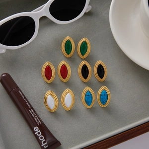 Set of five vintage stainless steel oval earrings with colorful stone inlays