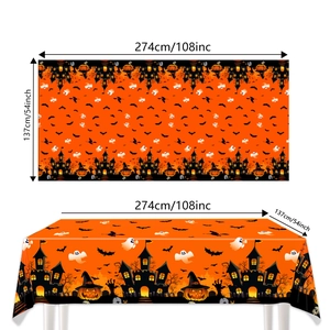 Halloween tablecloth with haunted house and pumpkin patterns, size 108x54 inches