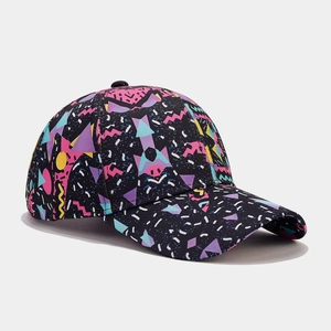 Retro baseball cap featuring colorful Memphis graffiti patterns on a black canvas base