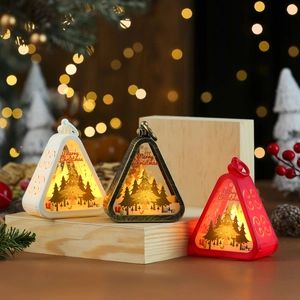 Close-up of vintage LED Christmas lanterns in white, bronze and red festive colors