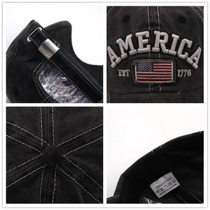 Detailed views of vintage washed cotton baseball cap with AMERICA 3D embroidery