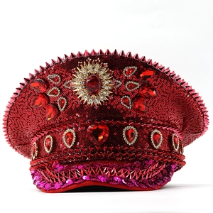 Red sequin captain hat with ruby gemstones and punk spikes for stage performance