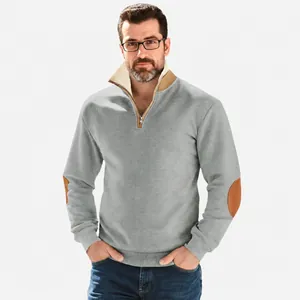 Men Half Zip Sweatshirt Fleece Lined Stand Collar Retro Elbow Patches Warm Casual Long Sleeve Pullover Top