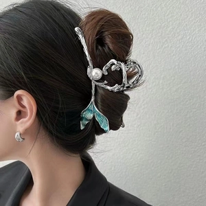 Silver fishtail hair claw clip with blue gradient design and white pearl for women