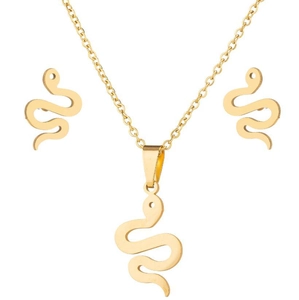 Polished gold snake pendant necklace and stud earrings set with O-chain link style