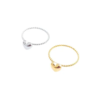 Polished stainless steel heart-shaped rings with twisted rope band in gold and silver