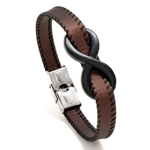 Men's brown leather infinity symbol bracelet with stainless steel clasp on white background