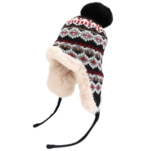 Ethnic knit trapper hat with jacquard pattern and faux fur lining for winter warmth