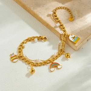 Double-layer gold stainless steel bracelet with rainbow charms and elegant pearls