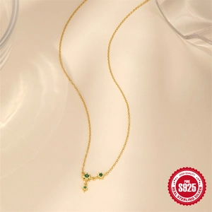 S925 sterling silver gold star necklace with green zircon and tassel drops