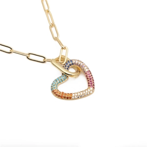 Collier chaîne trombone dorée HipHop avec pendentif cœur arc-en-ciel en zircons colorés